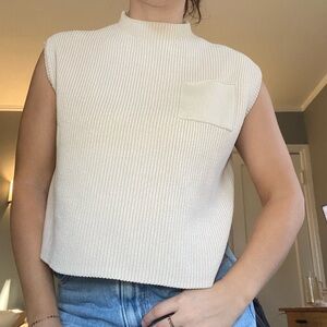 Cream Mock-neck Knit Ribbed Sweater Vest